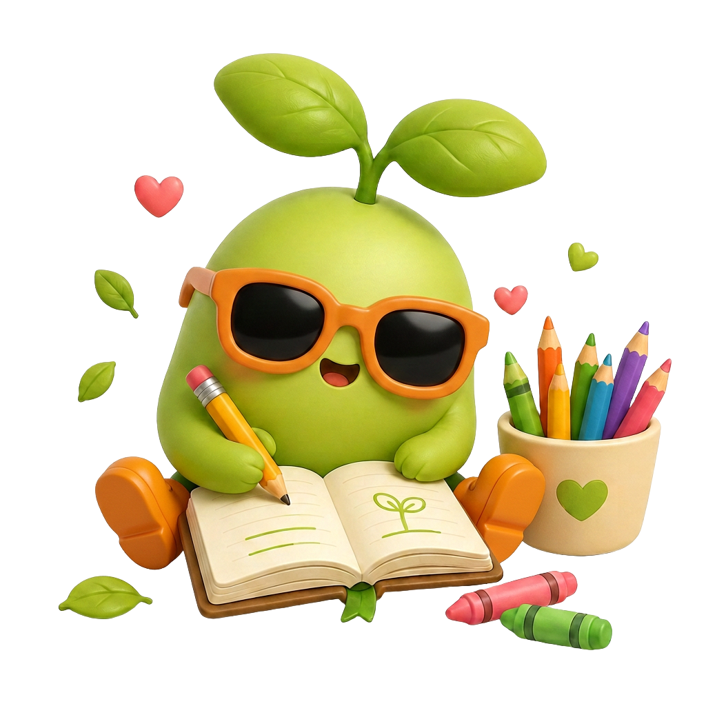 Magic Bean in orange sunglasses writing in an open journal beside a cup of coloured pencils