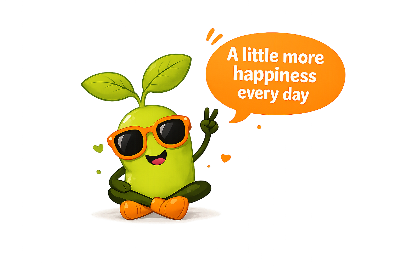Magic Bean, HappiU's friendly green mascot with orange sunglasses, making a peace sign next to a speech bubble that says A little more happiness every day